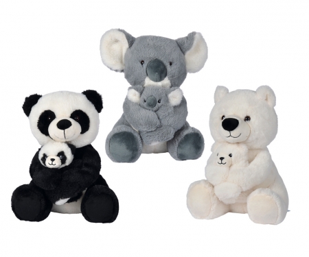 simba Nicotoy - Pluche Panda, Koala of Ijsbeer met baby, zittend 28cm, 3 assortie